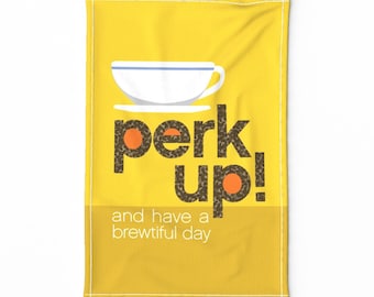 Kitchen Puns Tea Towel - Have A Brewtiful Day by robinpickens - Coffee Cup Perk Up  Linen Cotton Canvas Tea Towel by Spoonflower