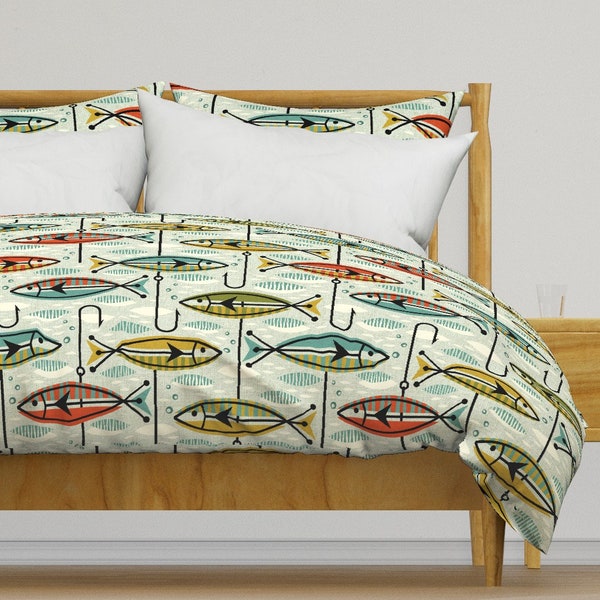 Retro Nautical Fish Bedding - Retro Colorblock by studioxtine - Mod Fish Hooks  Cotton Sateen Duvet Cover OR Pillow Shams by Spoonflower