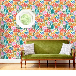 Psychedelic Floral Non-Pasted Wallpaper Retro 1960s Pink Botanical - Maximalism Folk by jenflorentine Wallpaper Double Roll by Spoonflower image 9