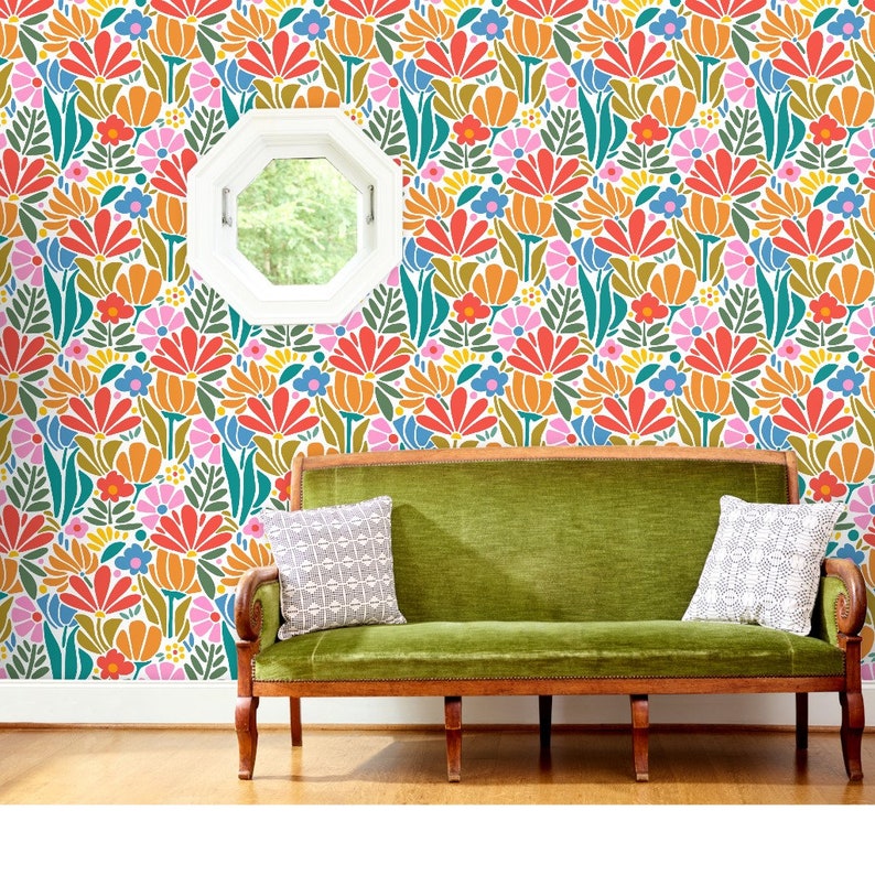 Psychedelic Floral Non-Pasted Wallpaper Retro 1960s Pink Botanical - Maximalism Folk by jenflorentine Wallpaper Double Roll by Spoonflower image 9