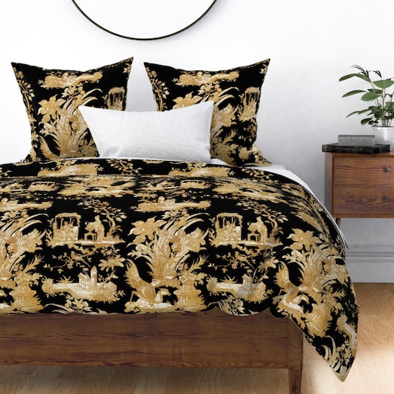 Toile Duvet Cover Chinoiserie Toile Gilt On Black By Etsy