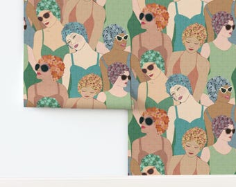 Art Deco Non-Pasted Wallpaper Ladies Swimming Lake Lake House Swim Cap Ladies - Vintage Swimmers by shellypenko Wallpaper by Spoonflower
