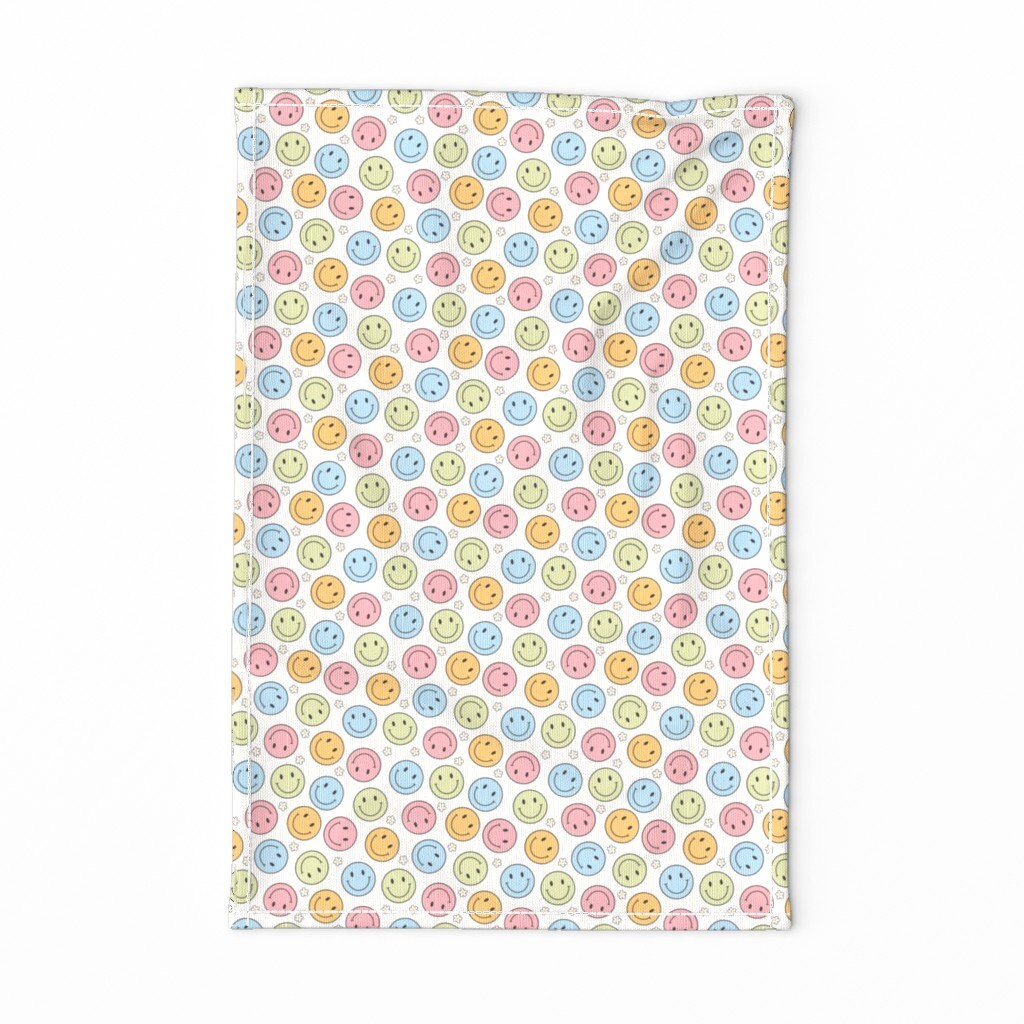 Multi-color Tea Towel - 60s Faces by thecollectivelux - Small Scale Cartoon Smiley Sticker Linen Cotton Canvas Tea Towel by Spoonflower