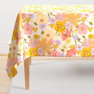 70s Vintage Floral Tablecloth - Purple Daisies by onesweetorange - Retro Lavender Pink Yellow Flower Cotton Sateen Tablecloth by Spoonflower