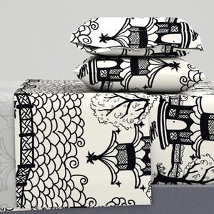 May include: Black and white bedding set with a pagoda design. The bedding features a repeating pattern of pagodas, trees, and clouds. The set includes a flat sheet, fitted sheet, and two pillowcases.