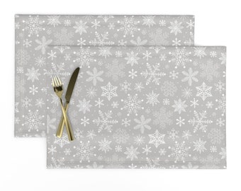 Christmas Placemats (Set of 2) - Holiday Snowflakes by caja_design - Snowflakes Winter Wonderland Snow Gray Cloth Placemats by Spoonflower