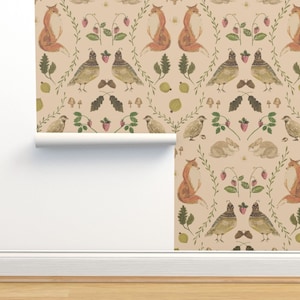 Woodland Animals Non-Pasted Wallpaper - Forest Friends Flora by hand_and_hart_designs - Rustic Forest Wallpaper Double Roll by Spoonflower