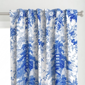 Chinoiserie Curtain Panel - Chinoiserie Palace Blue by peacoquettedesigns - Toile Du Jouy Nature Custom Curtain Panel by Spoonflower