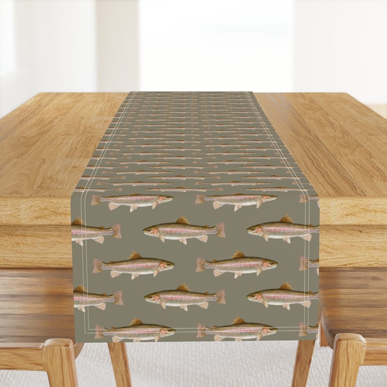 Fly Fishing Table Runner Rainbow Trout On Pewter Grey by weavingmajor Earth Tones Steelhead Cotton Sateen Table Runner by Spoonflower image 1