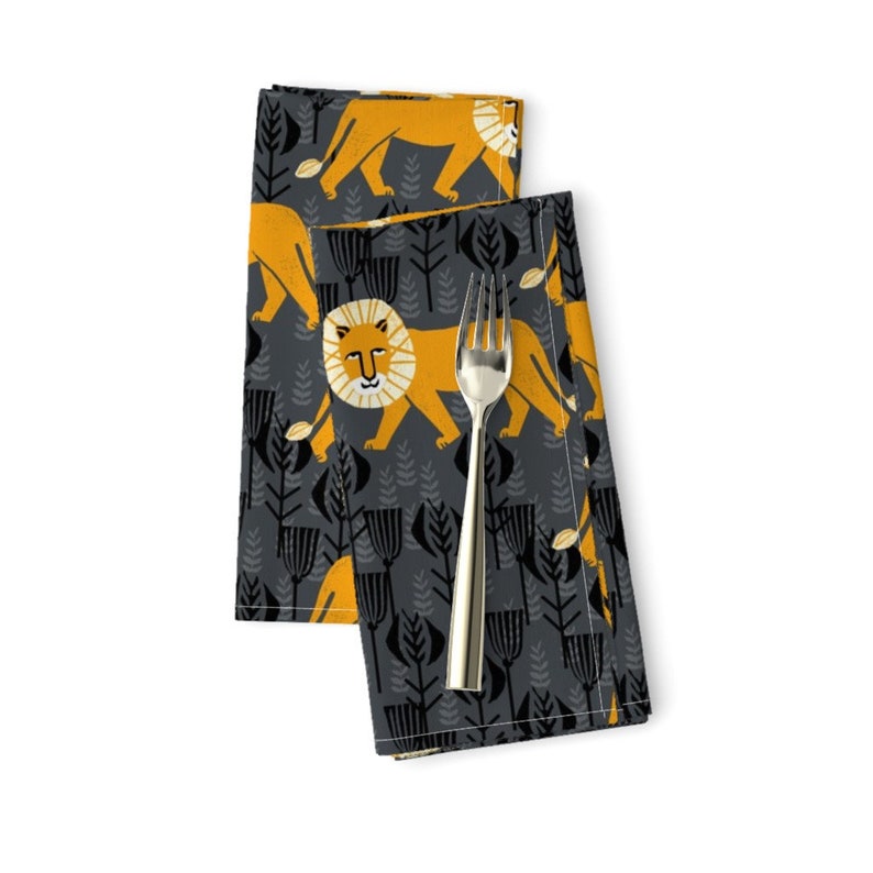Set of 2 Orange Grey Safari Cloth Napkins by Spoonflower - Lion On Turmericcharcoal by andrea/_lauren Orange Lion Dinner Napkins