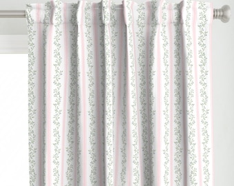 Cottagecore Stripe Curtain Panel - Pale Pink Soft Blue Green Botanical Shabby Chic Custom Curtain Panel - Libby Stripe by danika_herrick -