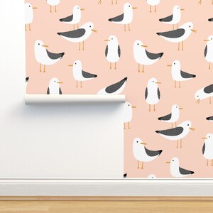 Coastal Non-Pasted Wallpaper - Seagulls  by sasha_tyrer - Whimsical Peach Orange Cute Seagulls Wallpaper Double Roll by Spoonflower
