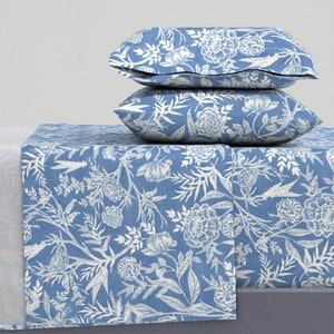 Blue Floral Toile Sheets - French Toile Florals by smokeinthewoods - Flower Leaves Chic Toile Cotton Sateen Sheet Set Bedding by Spoonflower