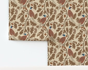 Cabincore Non-Pasted Wallpaper Oak Leaves Acorns Game Bird Country - Heritage Pheasants by kim_morrow Wallpaper Double Roll by Spoonflower