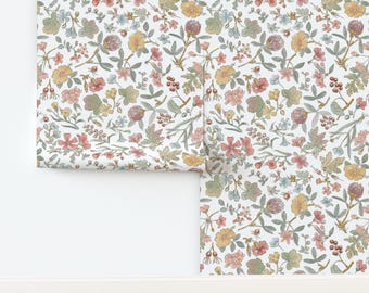 Cottage Floral Non-Pasted Wallpaper Pink Botanical Garden Bloom Meadow Wildflower - Floral Scatter by taranealart Wallpaper by Spoonflower