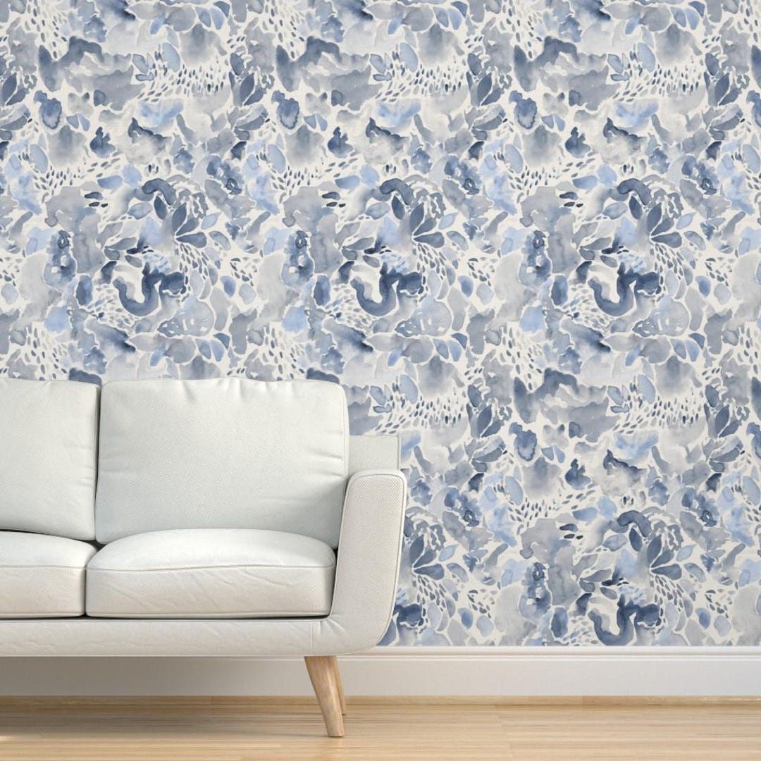 Buy Watercolor Textured Grasscloth Wallpaper - Modern Floral Blue and ...