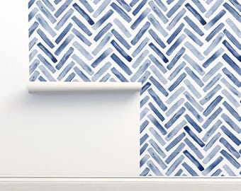 Watercolor Chevron Non-Pasted Wallpaper - Indigo Blue Chevron  by erin__kendal - Herringbone Wallpaper Double Roll by Spoonflower