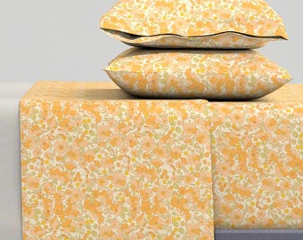 1970s Floral Sheets - Floral Illustrated 70s Vintage by morecandy_shop - Yellow Flowers Peach Cotton Sateen Sheet Set Bedding by Spoonflower