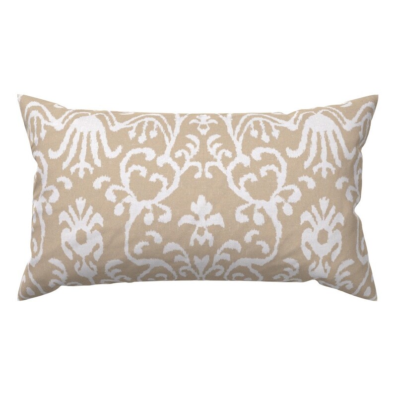 Lucette Ikat Floral In Natural by willowlanetextiles Floral Tan Rectangle Lumbar Throw Pillow by Spoonflower Neutrals Accent Pillow