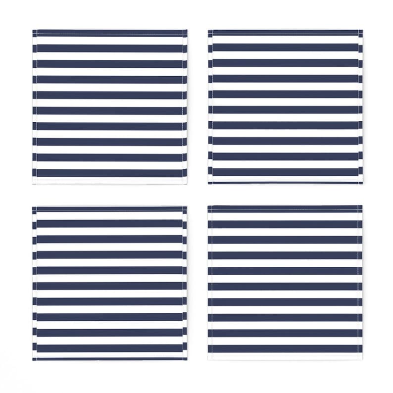 Set of 4 Nautical Cocktail Napkins Blue And White Stripes Cloth Napkins by Spoonflower - Summer Seahorse Stripe by booboo/_collective