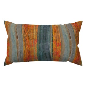 Modern Stripe Lumbar Pillow - Blue Orange Landscape by wren_leyland - Desert Burnt Orange Painterly Rectangle Accent Throw Pillow