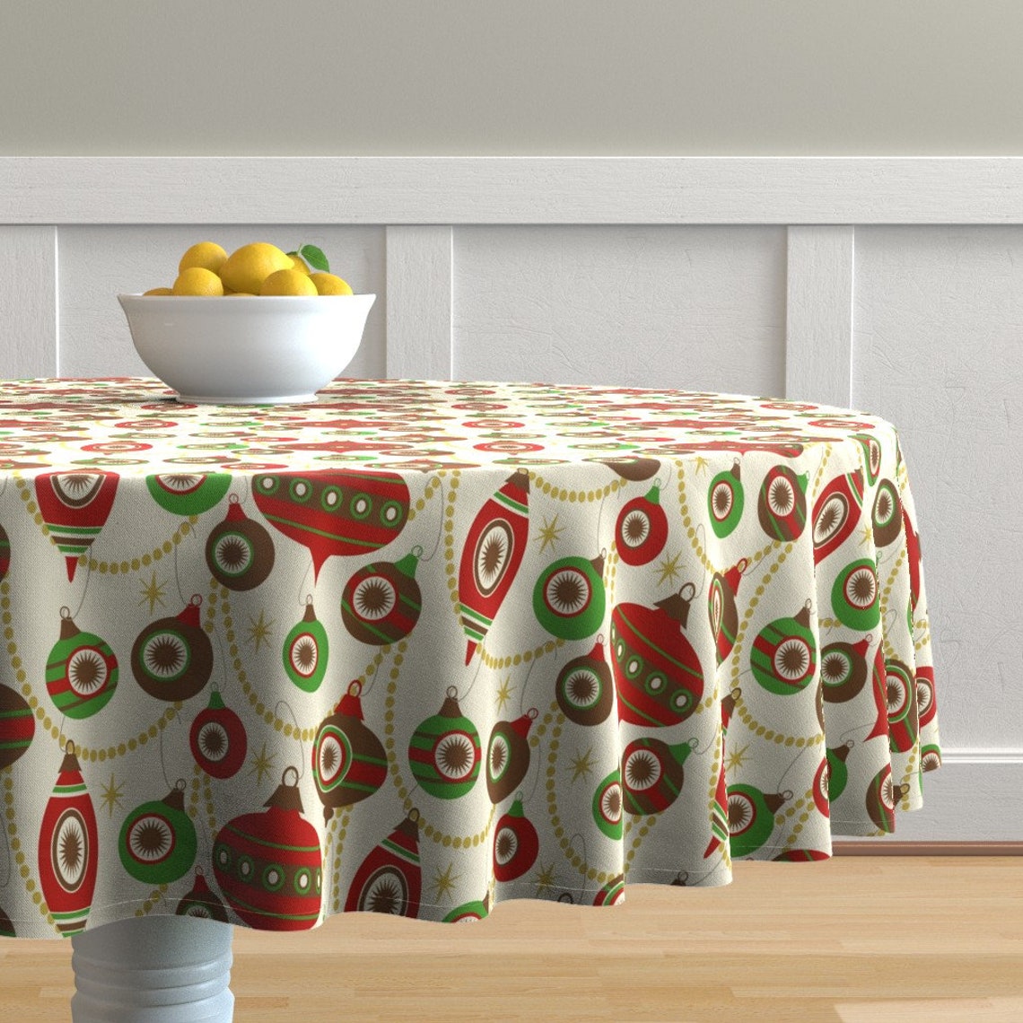 Retro Christmas Round Tablecloth Striped Swags Berries Bark Etsy