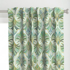 Art Nouveau Curtain Panel - Jade Art Deco Fans by micklyn - Cool Colors Golden Yellow Jade Green Custom Curtain Panel by Spoonflower
