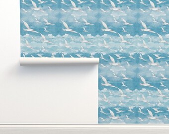Blue Sky Commercial Grade Wallpaper - Birds In The Sky  by jawariakiran92 -  Seagulls Ocean Blue  Wallpaper Double Roll by Spoonflower
