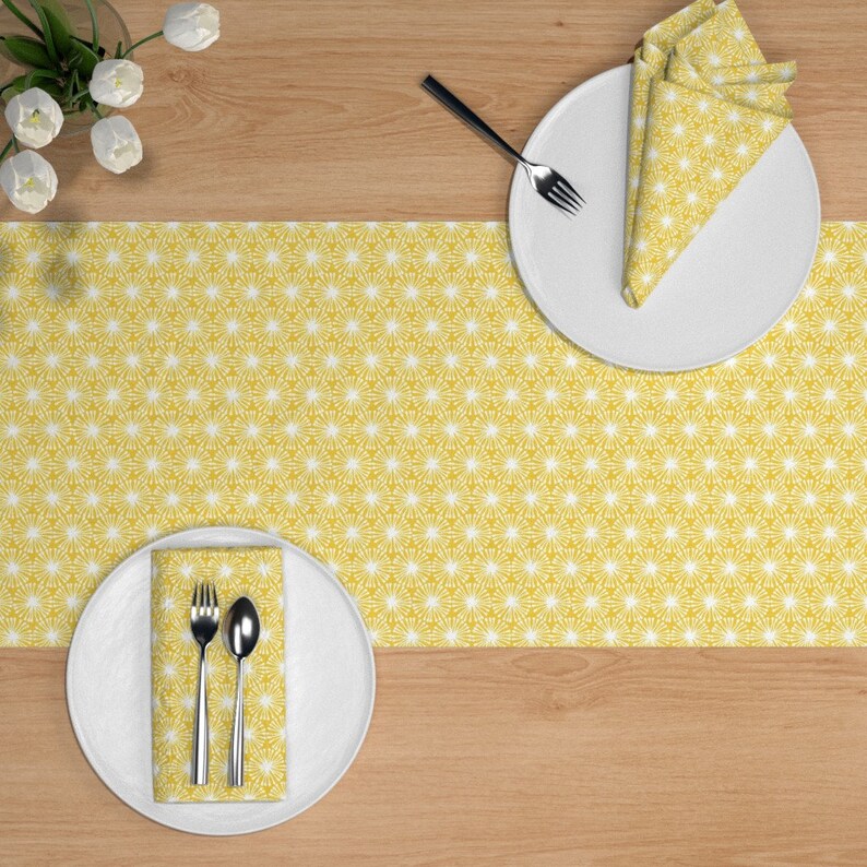 Flower Table Runner Geometric Dandelion Sunshine Round Floral Sunny Cotton Sateen Table Runner by Spoonflower Rounds by fleabat