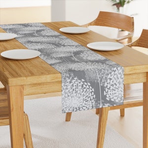 Large Scale Floral Table Runner - White Flowers Modern Gray Dandelion Cotton Sateen Table Runner - Gray Dandelions by chicca_besso image 2