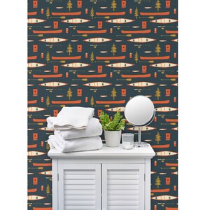 Rustiek vliesbehang Lake Life Camping Woodland Nature - Lake Canoes And Oars van coitcreative Wallpaper Double Roll van Spoonflower afbeelding 8