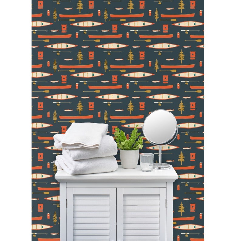 Rustiek vliesbehang Lake Life Camping Woodland Nature - Lake Canoes And Oars van coitcreative Wallpaper Double Roll van Spoonflower afbeelding 8
