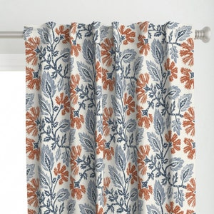 Indian Botanical Curtain Panel - Carnation Blue by apostrofodesign - Vintage Floral Red Blue Block Print Custom Curtain Panel by Spoonflower