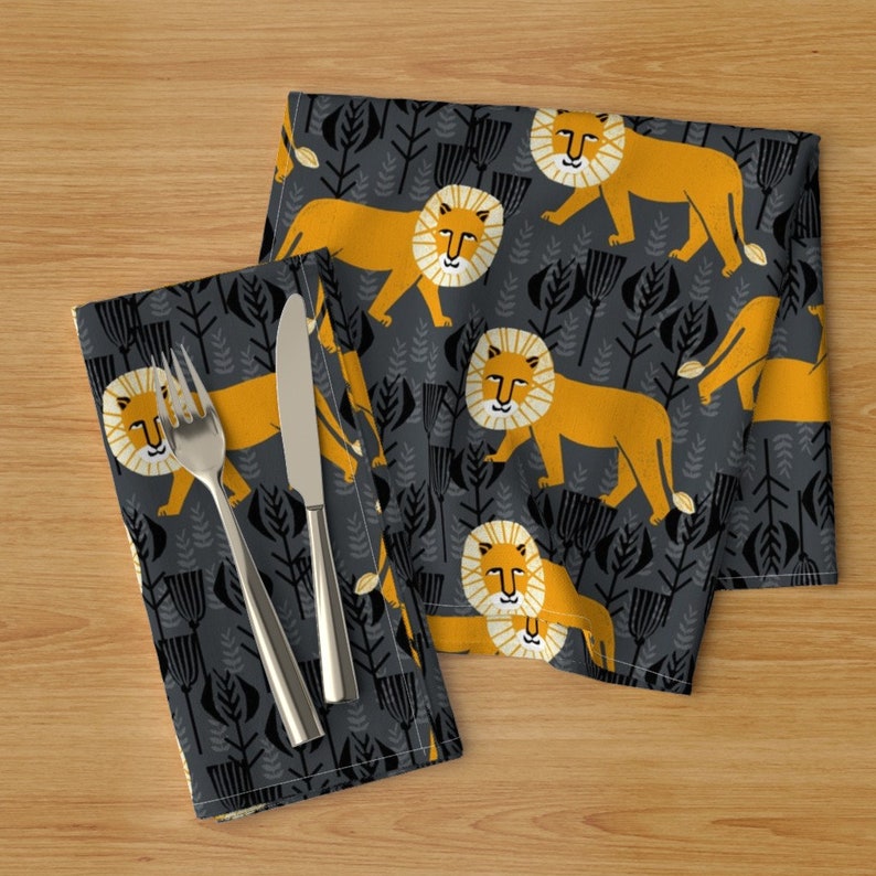 Set of 2 Orange Grey Safari Cloth Napkins by Spoonflower - Lion On Turmericcharcoal by andrea/_lauren Orange Lion Dinner Napkins