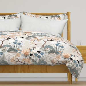 Asian Inspired Bedding - Japanese Garden Grey by juditgueth - Crane Floral  Cotton Sateen Duvet Cover OR Pillow Shams by Spoonflower