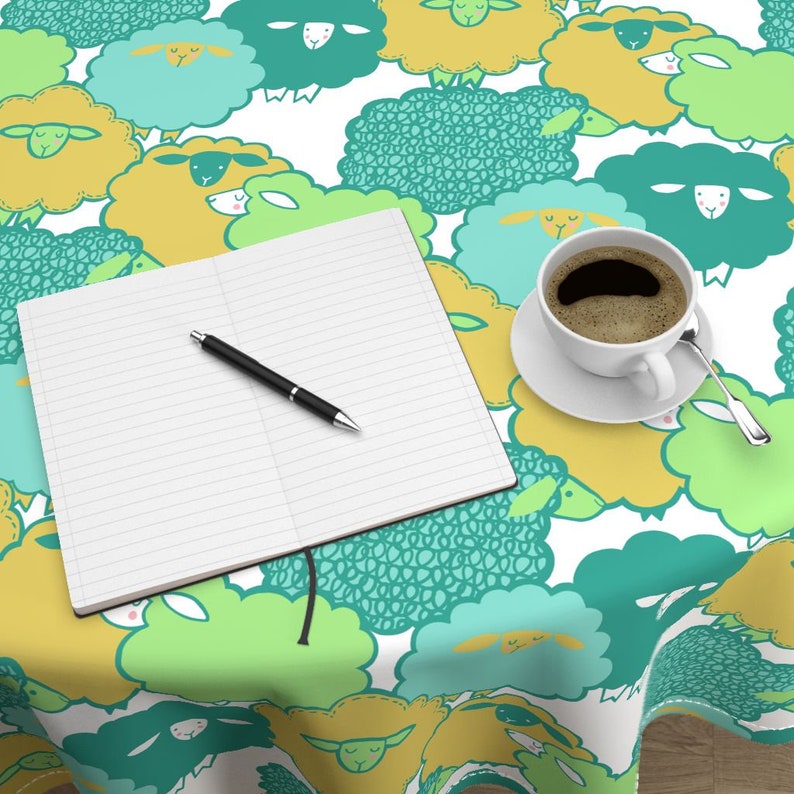 Sheep Shape Teal Yellow by leanne Round Tablecloth Animals Whimsical Children/'s Cotton Sateen Round Tablecloth by Roostery Spoonflower