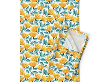 Modern Floral Tea Towels (Set of 2) - Spring Flowers by jallom - Mustard Gold Aqua Painted Flowers Linen Cotton Tea Towels by Spoonflower