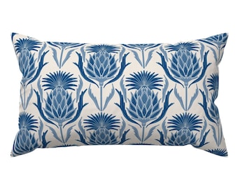 Victorian Inspired Accent Pillow - Blue Thistle  by katie_hayes - Flower Damask Cream Blue Rectangle Lumbar Throw Pillow by Spoonflower