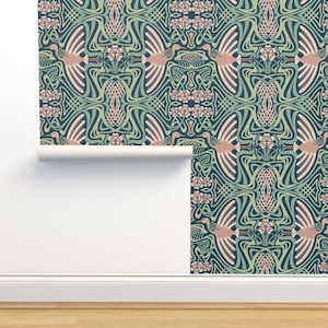 Art Nouveau Crane Non-Pasted Wallpaper - I&#39;ll Fly Away by nanshizzle - Green Pink Art Deco Mint Mauve Wallpaper Double Roll by Spoonflower