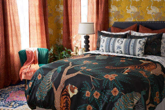 Maximalist Jungle Cotton Bedding Collection Boho Tiger Earth Jewel