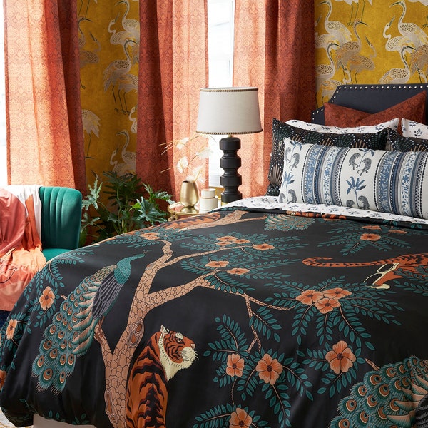 Maximalist Jungle Cotton Bedding Collection - Boho Tiger Earth Jewel Tones Bohemian Luxe Printed Duvet Cover, Sheet Set, and Pillow Shams