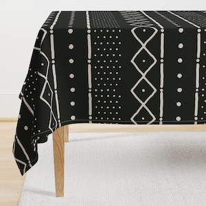 Boho Tribal Tablecloth - Mudcloth Bone On Black by domesticate - African Inspired Bohemian Farmhouse Cotton Sateen Tablecloth by Spoonflower