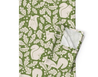 Squirrels On Green Tea Towels (Set of 2) - Squirrels by riveroakstudio - Oak Leaves Acorns Nature Linen Cotton Tea Towels by Spoonflower