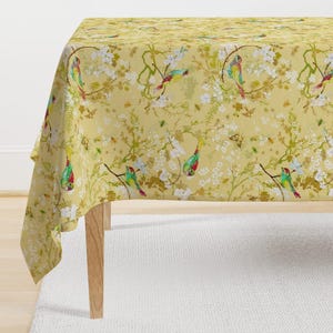 Chinoiserie Tablecloth - Bird And Bees by nouveau_bohemian - Butter Yellow Songbirds Spring Garden  Cotton Sateen Tablecloth by Spoonflower