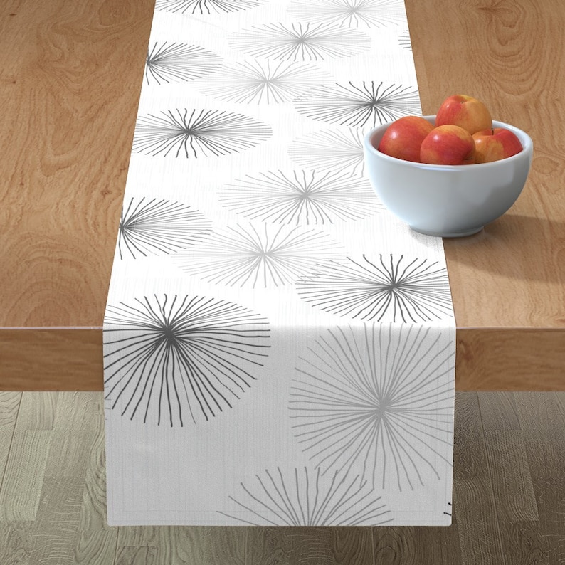 Dandelions Grayscale by friztin Mod Floral Table Runner Mid Century Modern Minimalist Retro Cotton Sateen Table Runner by Spoonflower