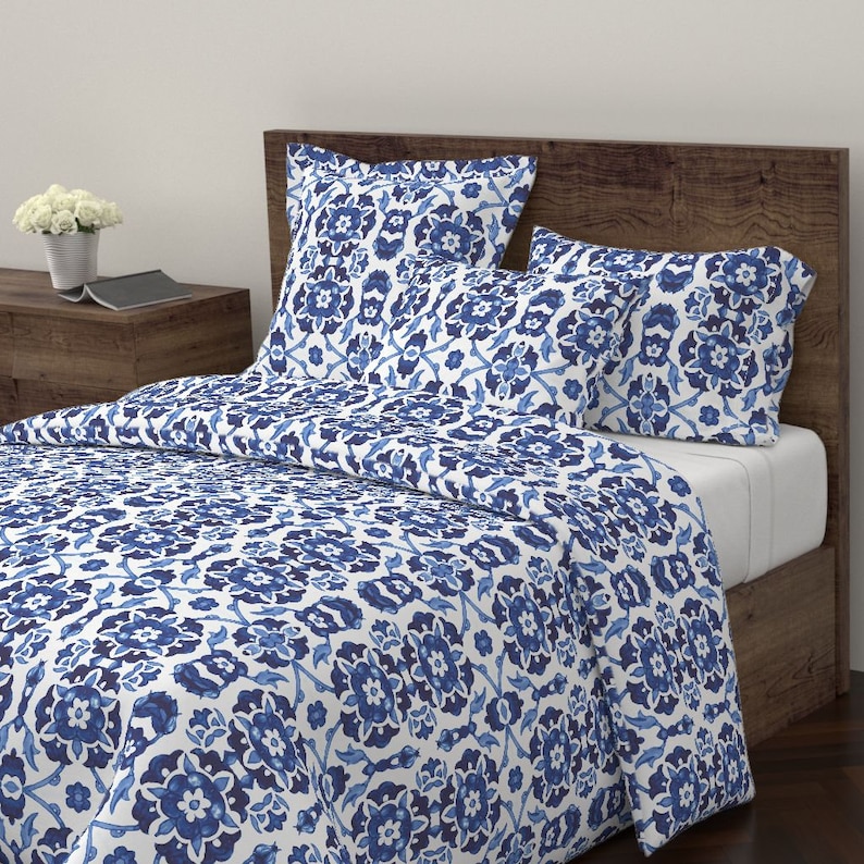 Floral Pillow Sham Indigo Blue Blue And White White Cotton Sateen Pillow Sham Bedding by Spoonflower Garland Of Flowers by chicca/_besso