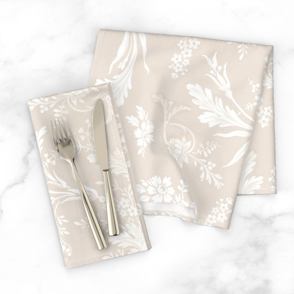 Discover Rococo Toile Napkins - Neutral Belgian Botanical - Taupe Floral Scrolls Napkins