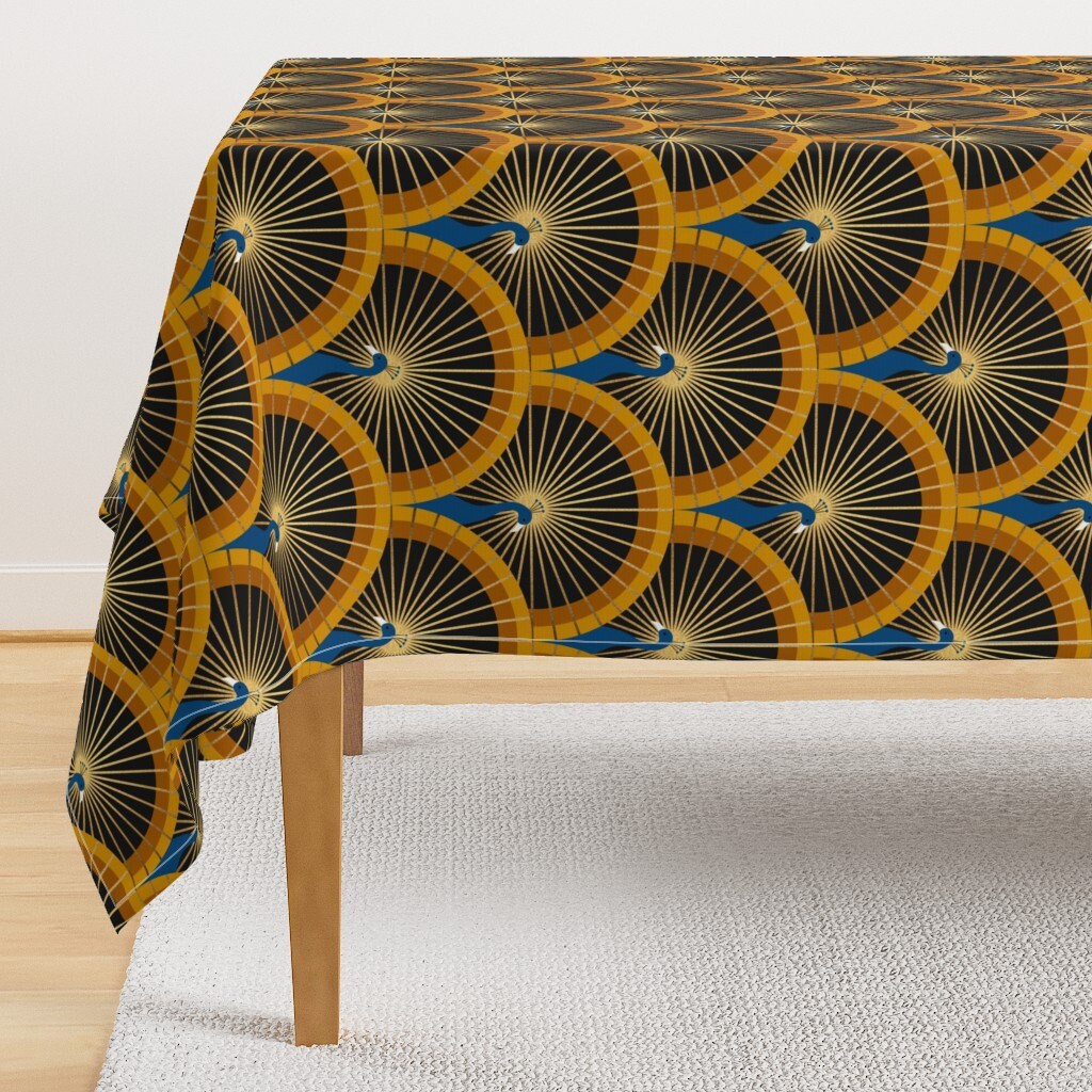 Art Deco Peacock Tablecloth Calypso Gold by amymaccready Luxurious 1920s Glamour Geometric Cotton Sateen Tablecloth by