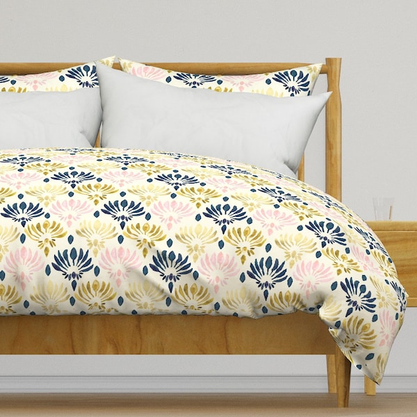 Art Deco Bedding - Stylized Watercolor Lotus Pattern  by tangerine-tane - 1920s Cotton Sateen Duvet Cover OR Pillow Shams by Spoonflower