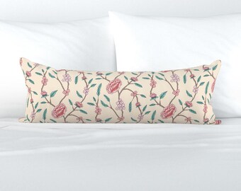 Traditional XL Lumbar Pillow - Floral Botanical Chinoiserie Extra Large Rectangle Lumbar Pillow - Trailing Floral Pink by byrachelharrison -